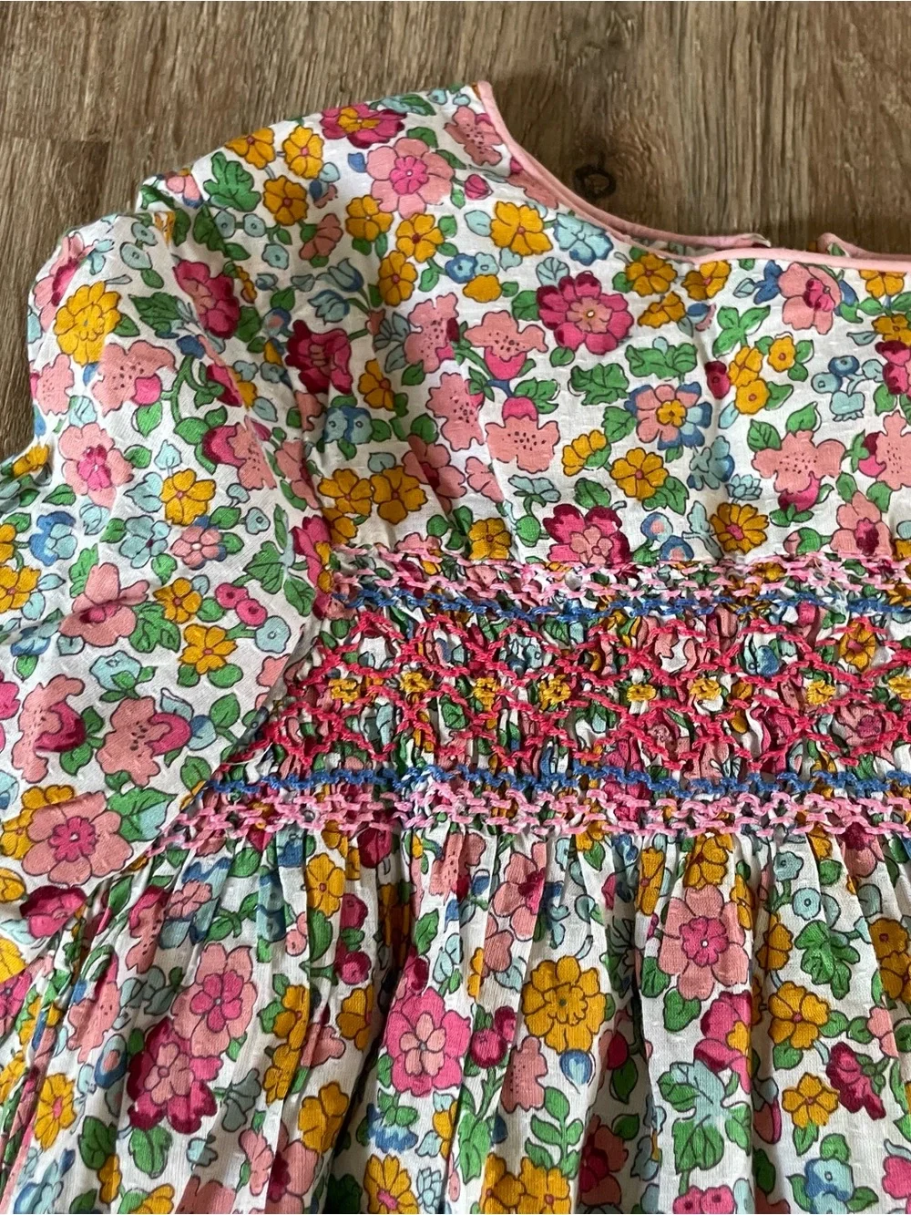 Mini Boden Floral Smocked Long-Sleeve Kids Dress - Pink & Multi